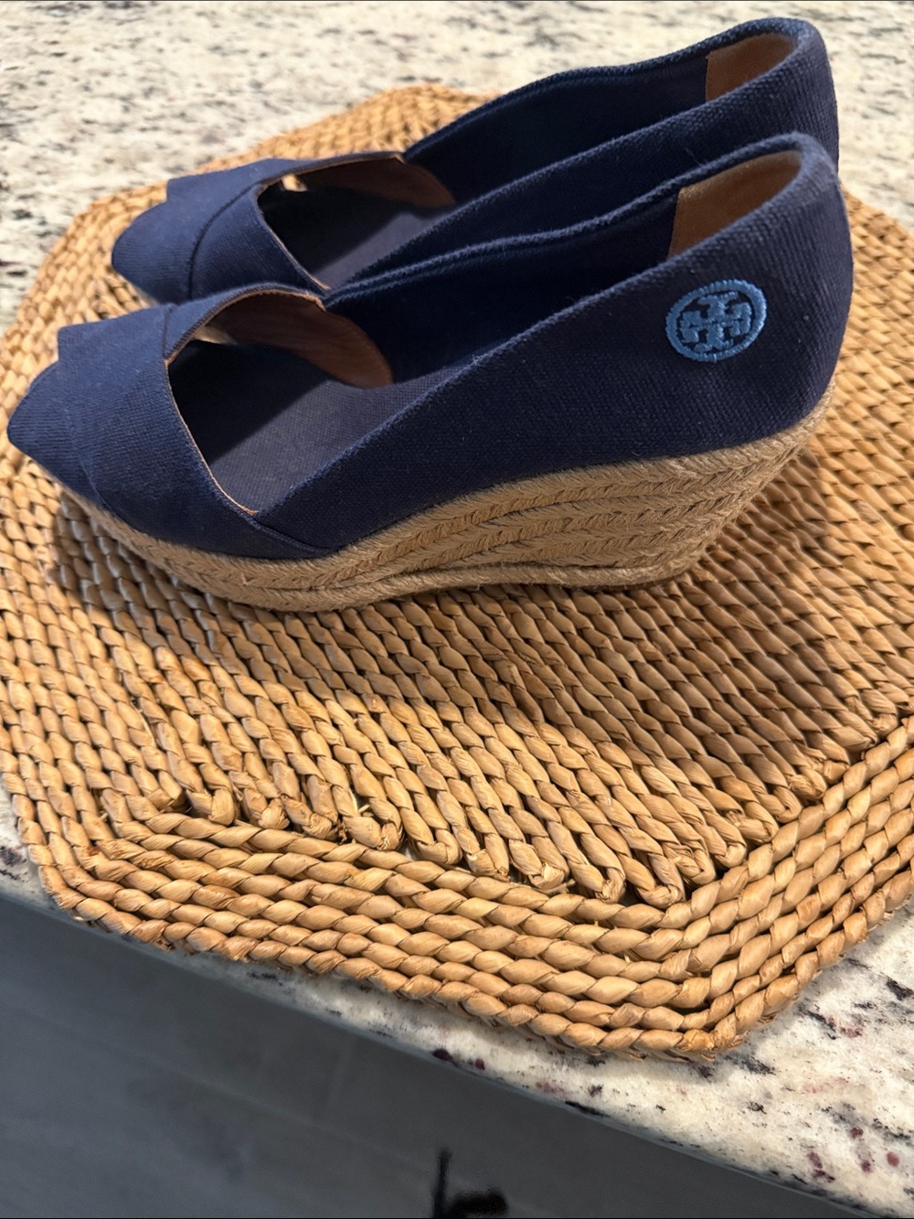 Tory Burch Navy Canvas Peep-Toe Wedge Espadrilles